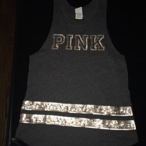 PINK muscle tank with Sequin writing & Strips